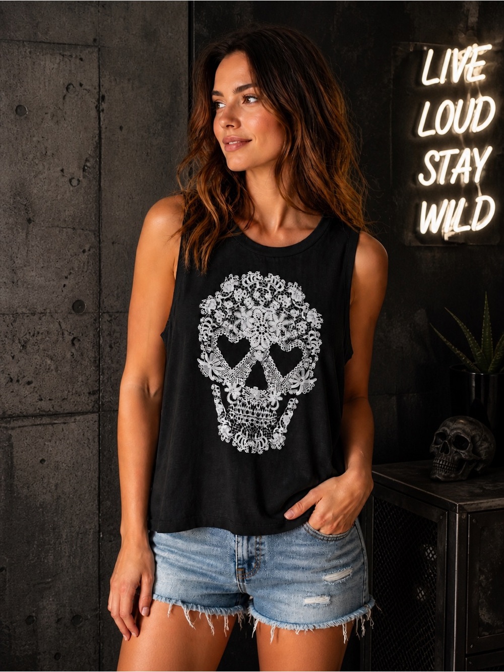Fifth Sun Black Tank Top with White Floral Skull Graphic